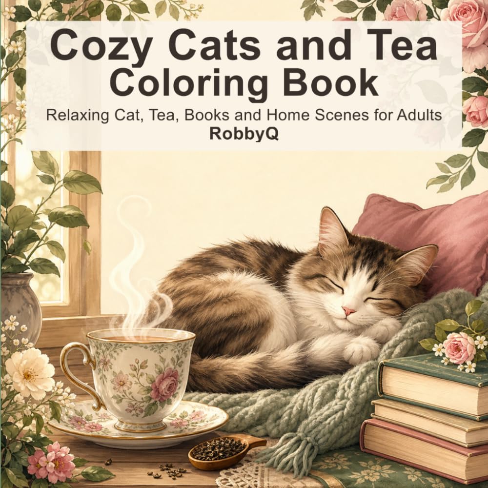 Cozy Cats and Tea Coloring Book: Comforting Home Illustrations for Relaxation and Stress Relief