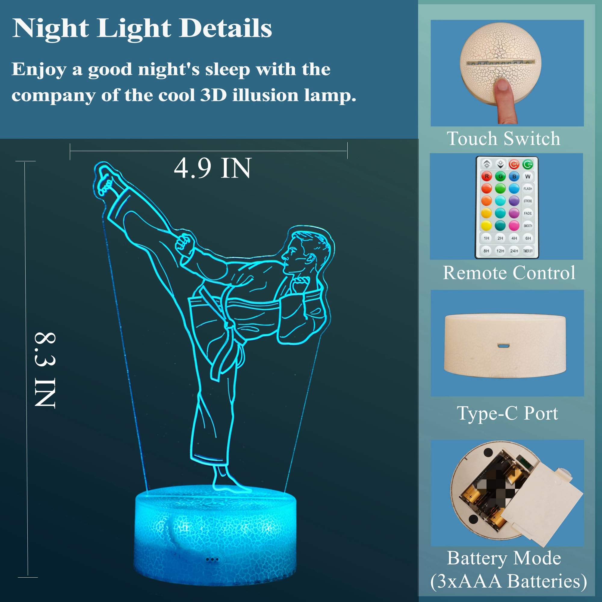 Luce notturna per karate, regali per karate, lampada a illusione 3D di Taekwondo con 16 colori cangianti, telecomando e timer dimmerabile, decorazione per la camera di bambini e bambine