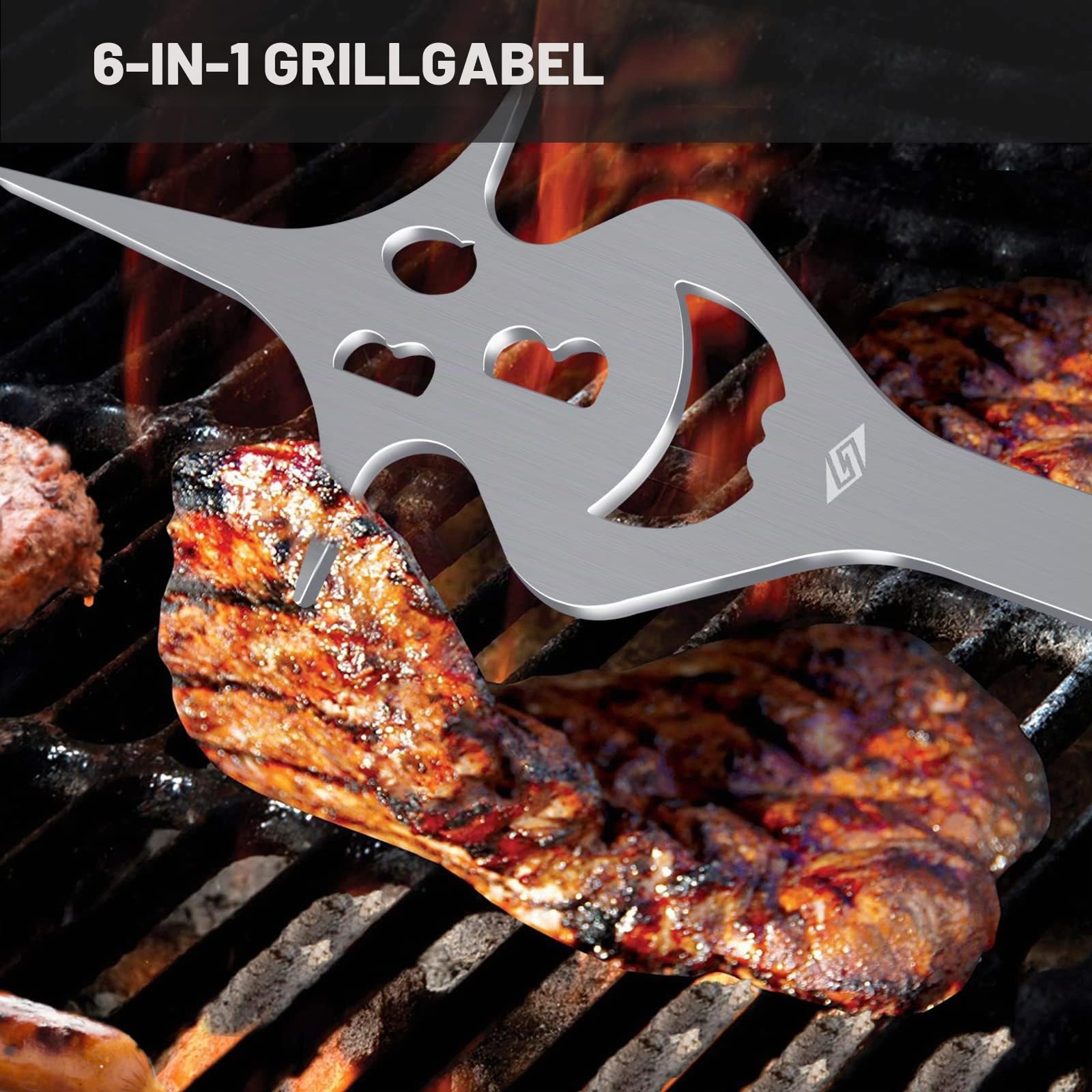 Steven-BULL S Grillbesteck-Set 3-TLG. Extra Langes Grillwerkzeug, Edelstahl Holzgriff, Grillzubehör mit Grillzange, Grillwender, Fleischgabel Extra-Langen Holzgriffen und Aufhänge-Ösen