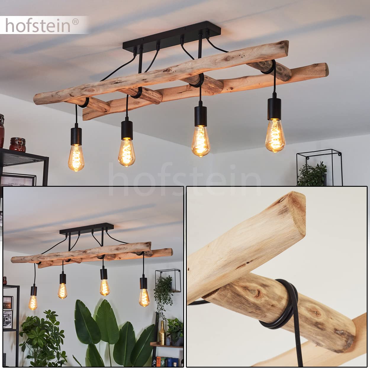 HOFSTEIN Suspension Yaak en bois et métal noir, 4 lampes pendantes rétro idéales au dessus d'une table vintage, hauteur max. 192 cm, pour 4 ampoules E27, ampoule(s) non incluse(s)