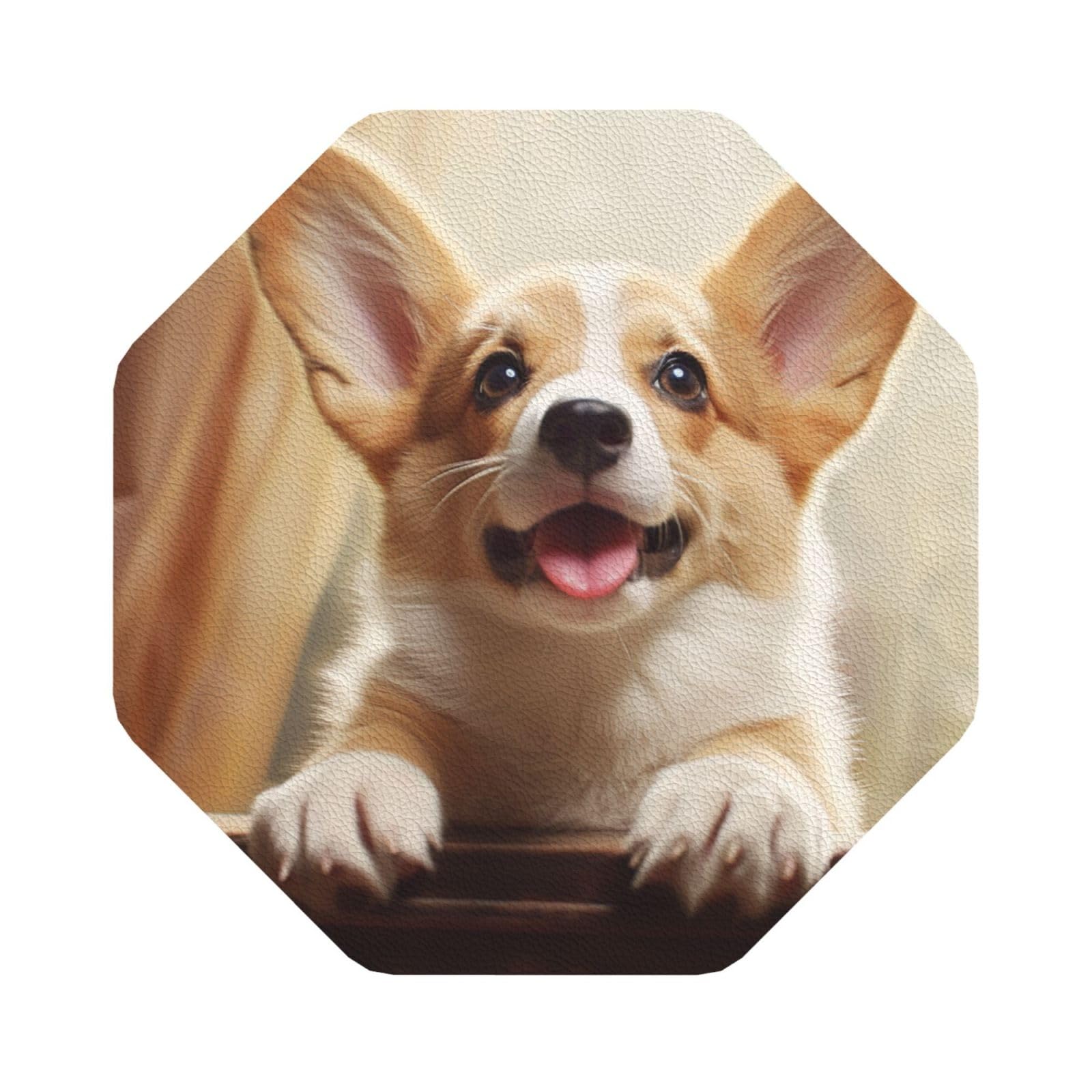 Fodpand Octagon Cute Corgi Drink Coasters Set Of 4, Heat Resistant Leather Coasters Fuuny Bar Beer Beverage Coaster For Drinks, Absorbent Cup Mat For Tabletop Protection, Housewarming Gift