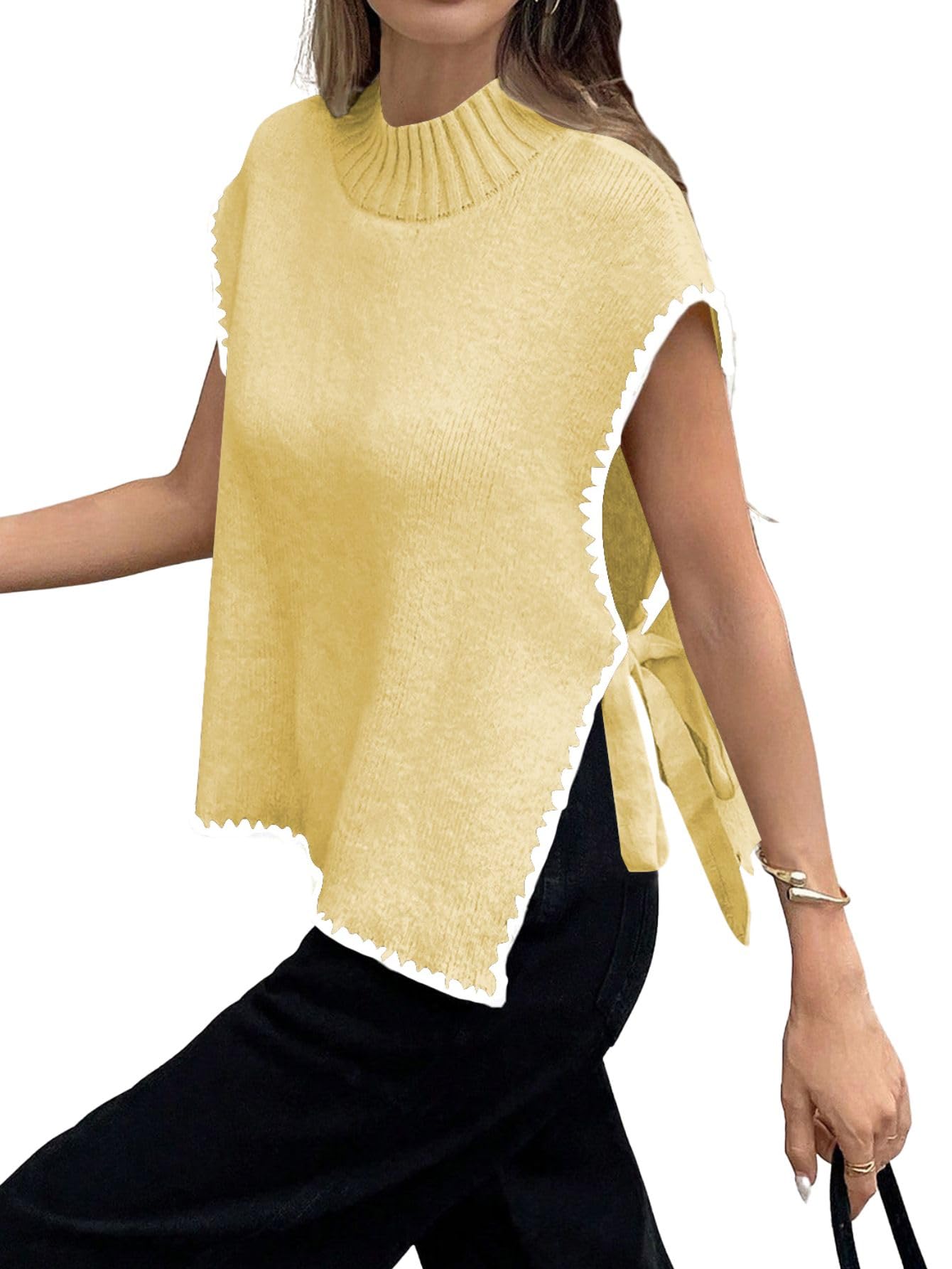 Verdusa Womens Old Money Sweater Tie Knot Slit Sweater Vest Mock Neck Cap Sleeve Lightweight Knit Tops