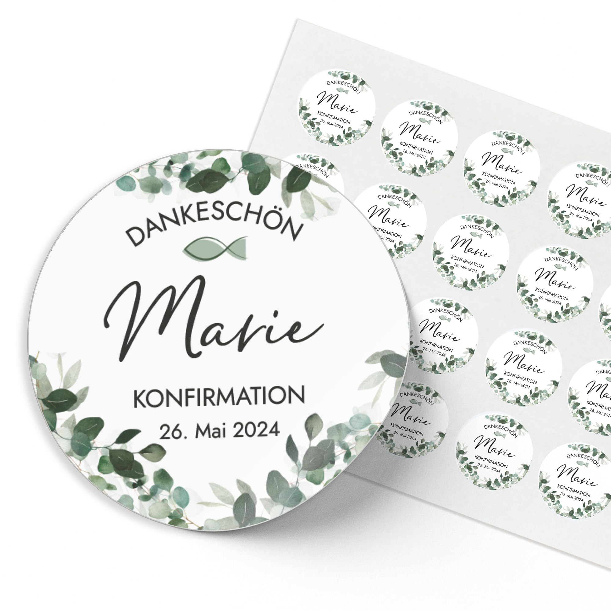 Mimi und Anton KONFIRMATION 24x Aufkleber personalisiert mit deinem Wunschnamen | 24x Sticker rund 4 cm | Konfirmation Deko Sticker | Eukalyptus Greenery
