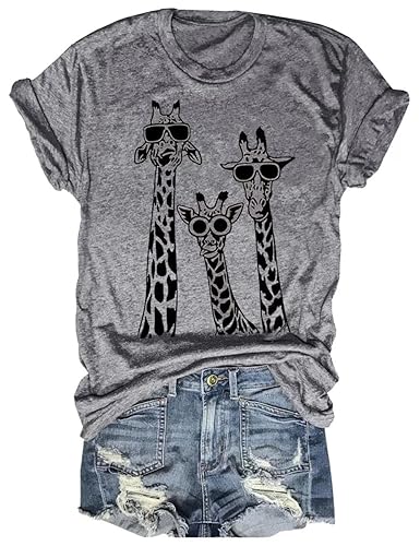 Beopjesk Womens Summer Giraffe Printed T-Shirt Funny Cute Animal Graphic Tees Tops - 28-gray - Small