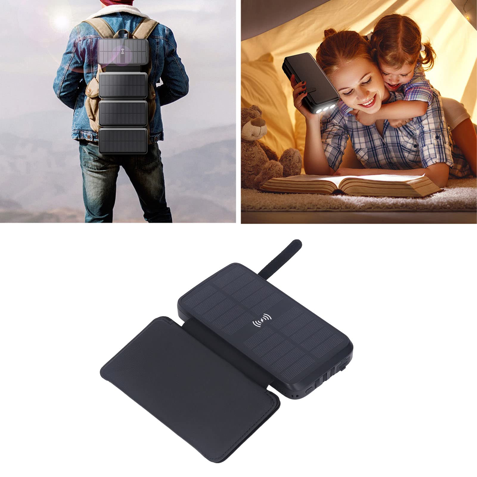 Solar Power Bank Nero Impermeabile 20000mAh PD 20W Caricatore a pannello solare a ricarica rapida con lampada per esterni