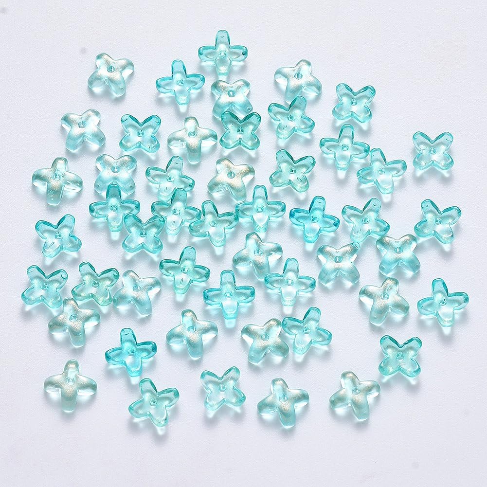 100 pcs Transparent Glass Beads Clover Flower Tiny Spray Painted Glass Loose Spacer Beads for DIY Bracelet Necklace Jewelry Craft Making Earring Keychain Ornament 8x8x3mm, Pale Turquoise
