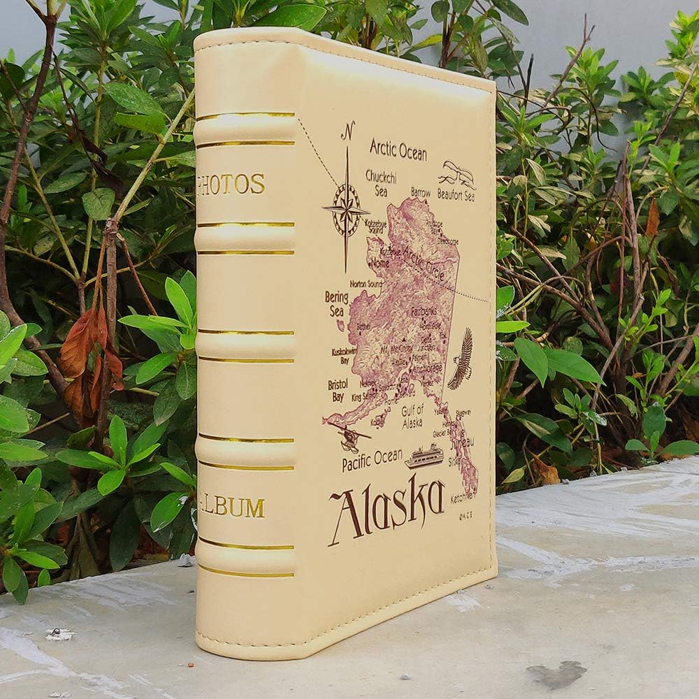 Imitation Leather Photo Album Slots Album 200 Horizontal Insert Pockets Hold 4 x 6 Photos PU Cover Book Bound Alaska Map Travel Souvenir Family Vacation Birthday Wedding Memory Collection