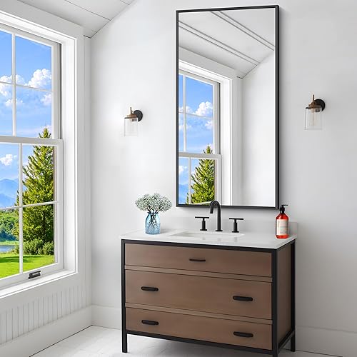 Miniatura 3 de Espejo de baño, espejo de pared de 24 x 48 pulgadas para baño, espejo rectangular negro de esquina cuadrada, espejo de baño negro para sala de