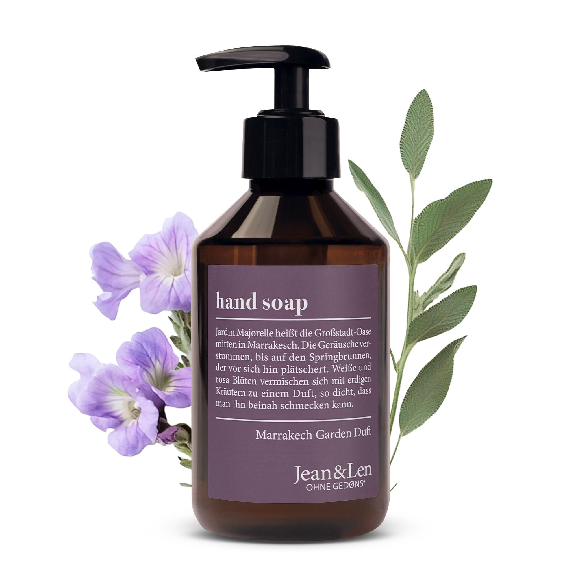 Jean & Len Jabón de manos Marrakech Garden, limpia las manos castigadas, apto para uso diario, jabón líquido en dosificador, aroma cálido y relajante, vegano, 250 ml