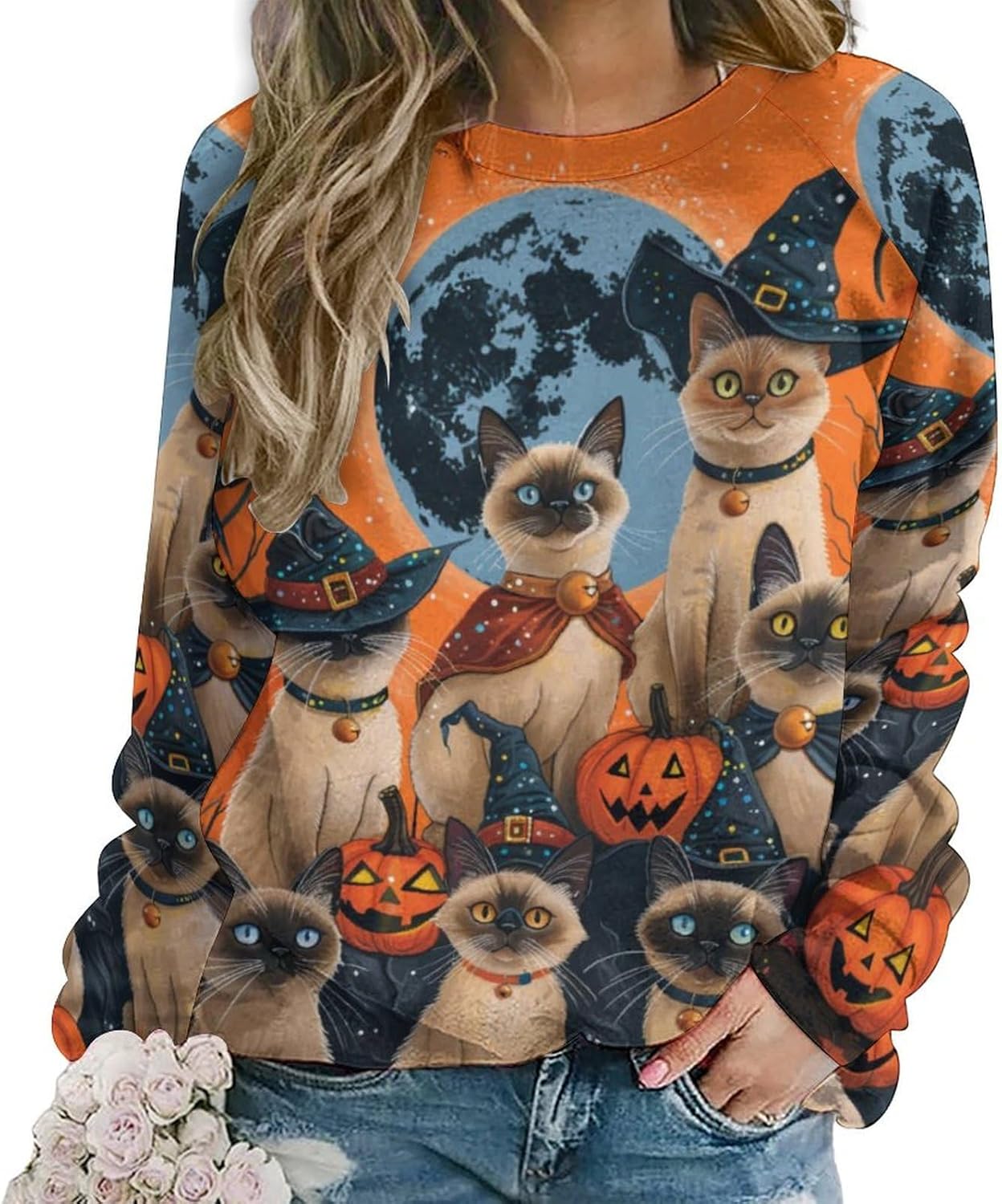domirica Sweatshirt for Women Halloween Cat Print Crewneck Casual Vacation Trendy Fashion Funny Warm Long Sleeve Shirts