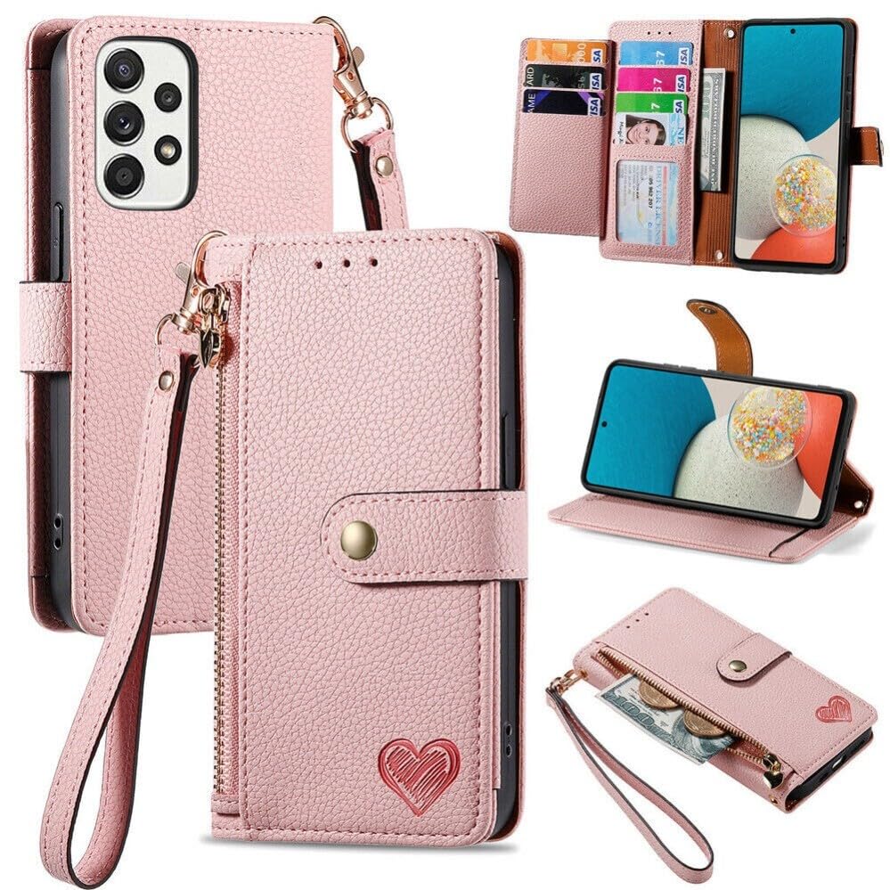 Generic Funda compatible con Samsung Galaxy A52 4G (color: rosa) con cierre de cremallera, funda de piel con tapa