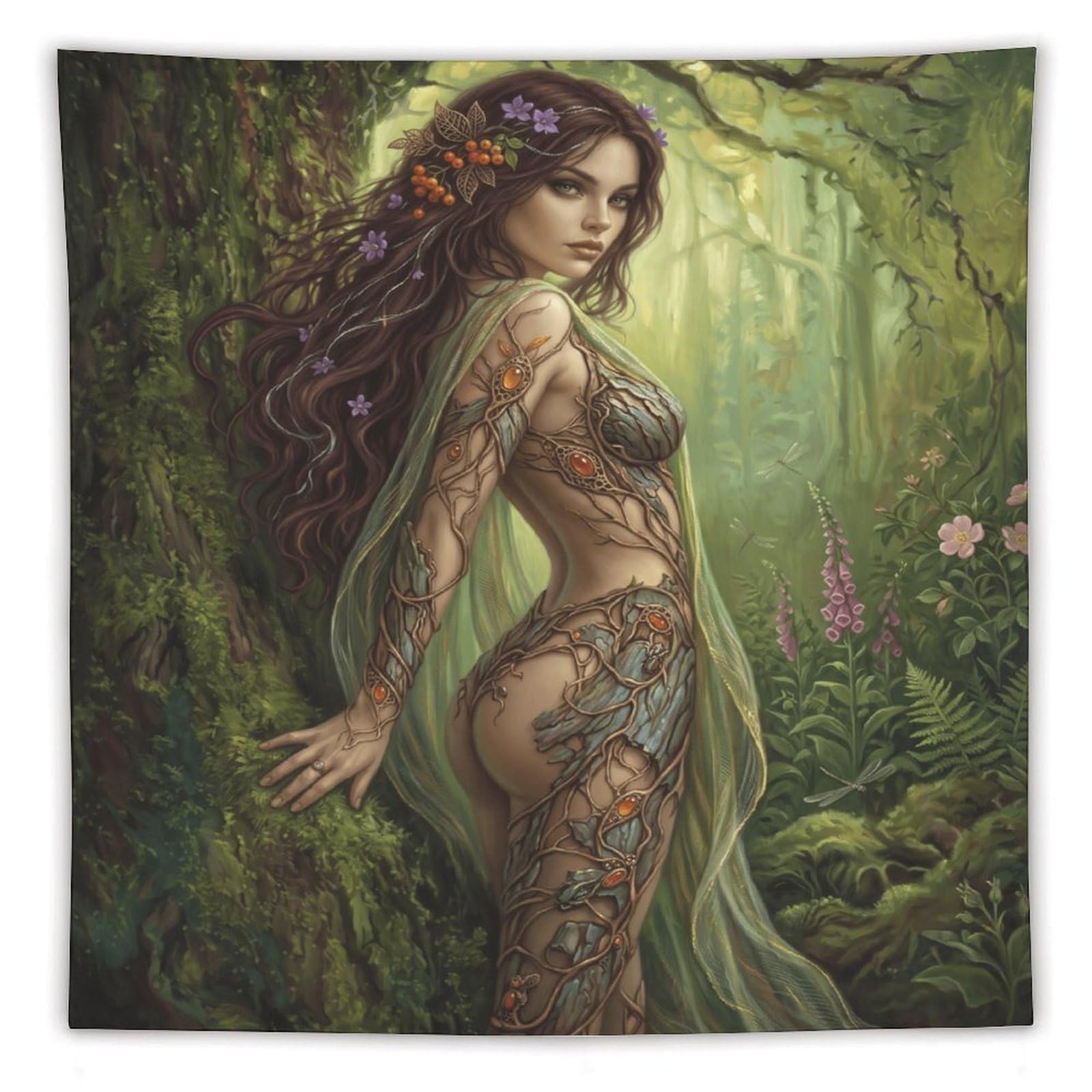 H3B8U2Y5 Botanical Forest Goddess Wall Tapestry, Enchanted Woodland