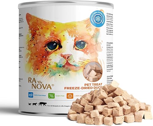 RA NOVA Golosinas liofilizadas para gatos, 100% sin granos de pechuga de pato, cruda, natural equilibrio, ingredientes limitados, bocadillos para