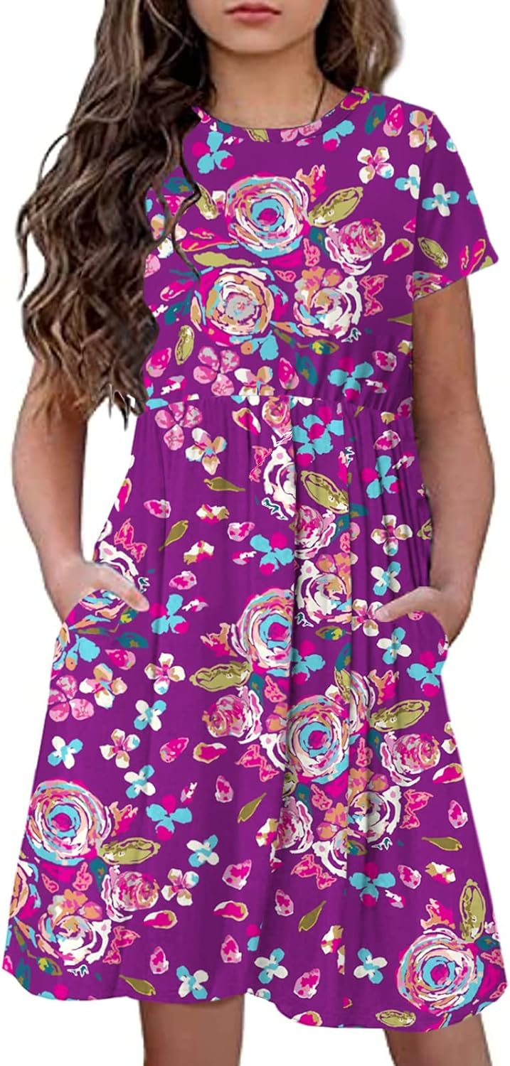 KYMIDY Girls Short Sleeve Floral Dress Kids Boho Casual Twirly Skater Dress with Pockets for Girls 6-13 Years - Image 2