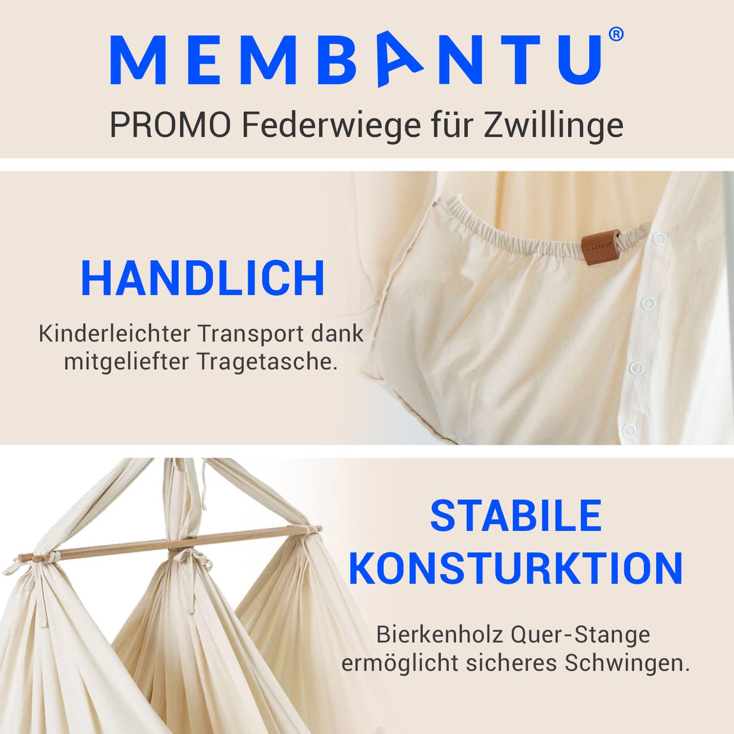 Federwiege Baby für Zwillinge - Baby-Wiege aus Bio-Baumwolle - Baby-Hängematte inkl. Feder - Baby-Stoffschaukel Plus Matratze und Baldachin - Baby-Hammock bis max. 15 kg - Natur