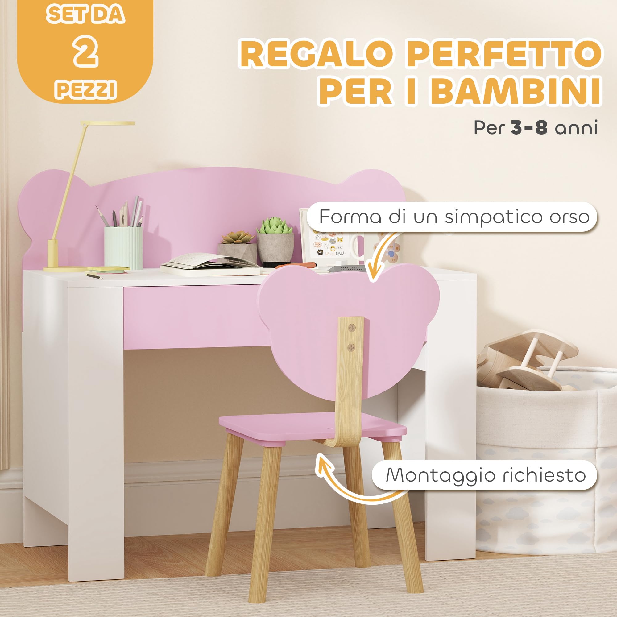AIYAPLAY Set Scrivania per Bambini con Sedia, Tavolo da Studio con Cassetto, Schienale a Forma di Orsetto, Età 3-8 Anni, Rosa