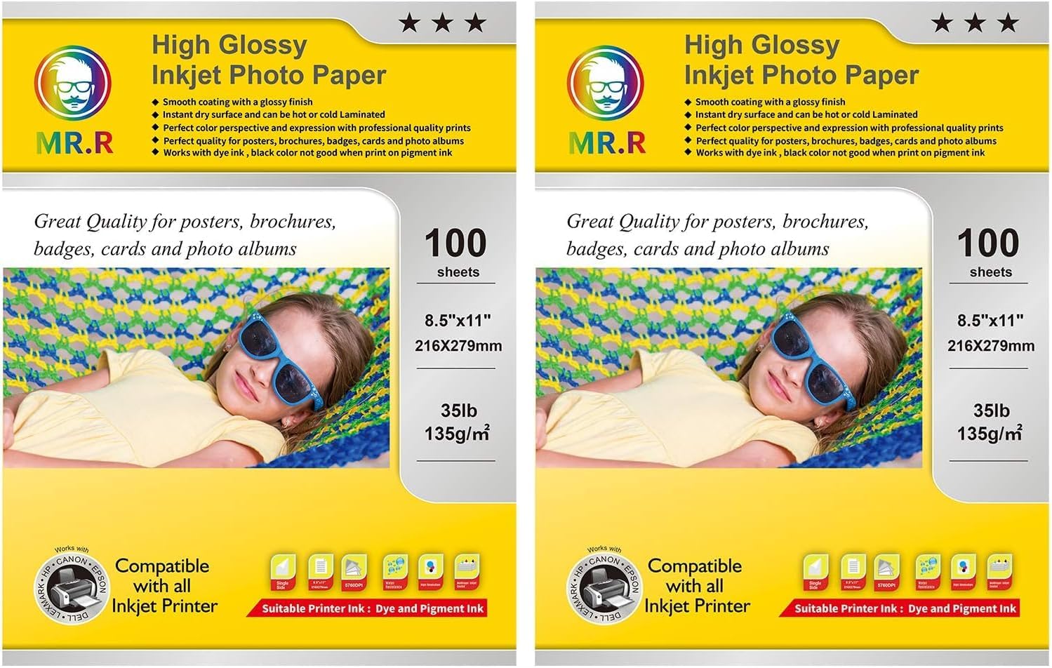 MR.R Single Side High Glossy Inkjet Photo Paper Letter Size 8.5"x11" with 100 sheets per pack 135gsm 35LB (Pack of 2)