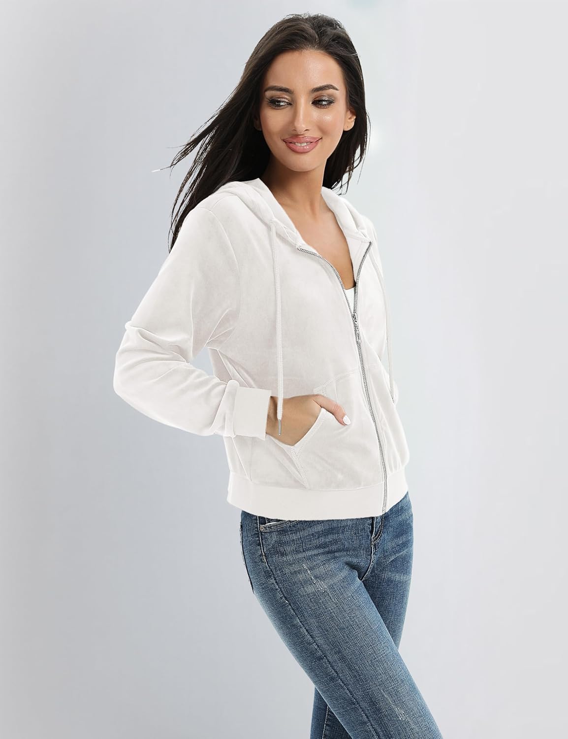 YUCOLEN Womens Zip Up Hoodies Velour Cropped Sweatshirts Soft Fleece Jackets Trendy Fall Outfits with Pockets Drawstring - Image 4