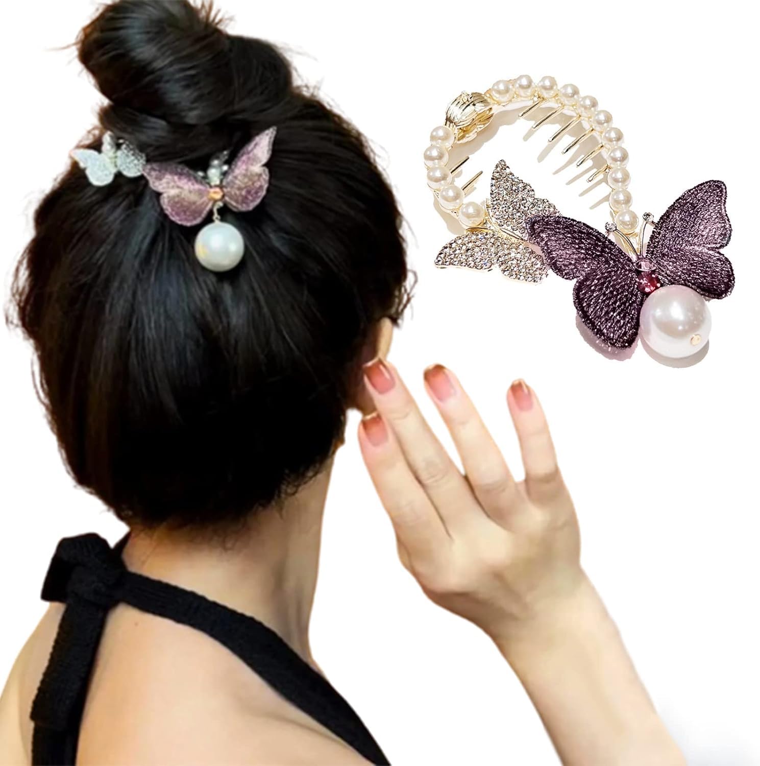 HONEY ACCESSORIES Butterfly Hair Clips,Pearl Hair Clips Medium Claw Clips for Thick Hair Strong Hold Jaw Clip Hair Accessories for Women and Girls (PURPLE)