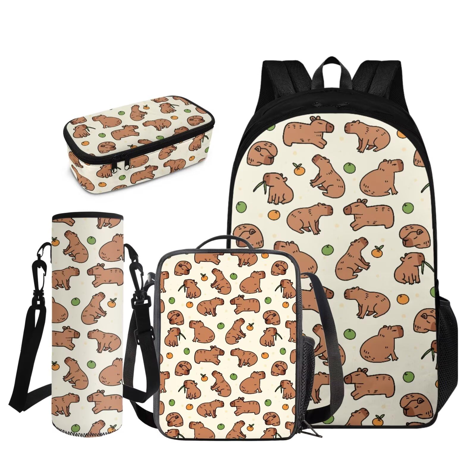 FOR U DESIGNS Capybara Backpack with Lunch Box Kawaii Book Bags for School Girls 2nd Grade Lightweight Large Capacity Bookbag Set 4 Piece School