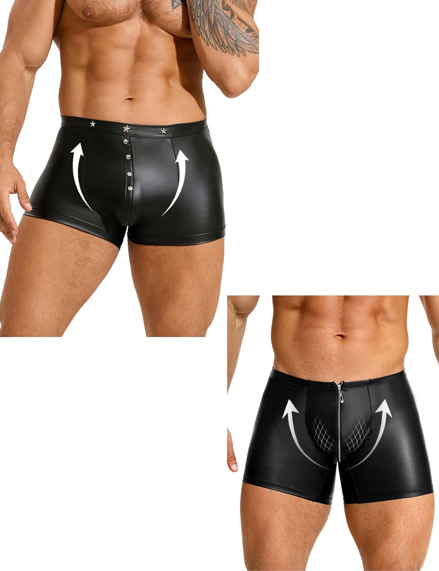 2 Pack Men's Sexy Underwear, Zipper Front Pouch Boxer Shorts, Plus Size Underwear Briefs with Punk Rivets, Stretchy Underpants Male Everyday Lingerie M