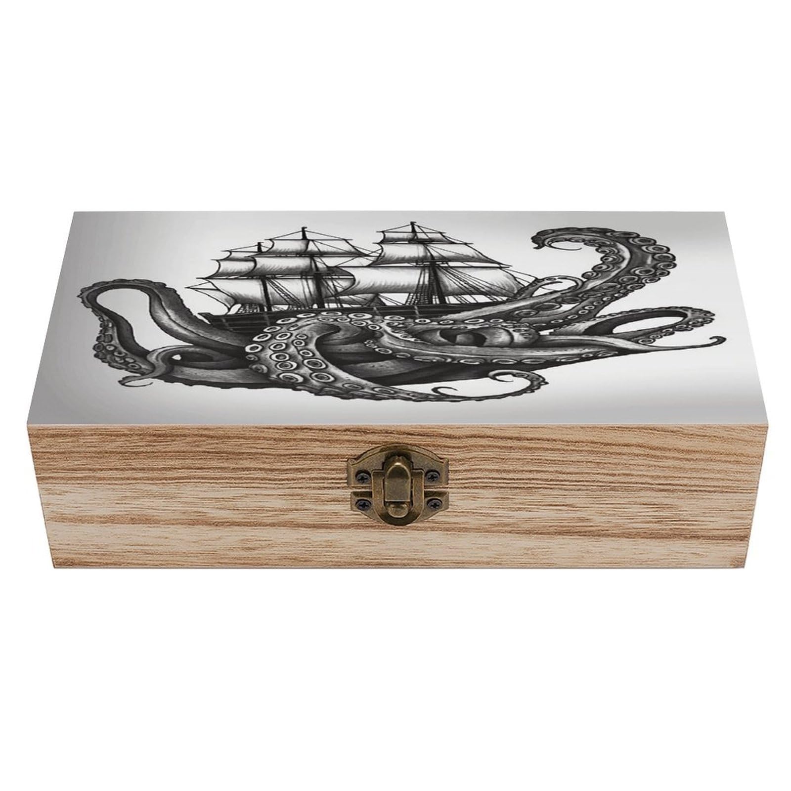 VstaDank Black And White Octopus And Ship Wooden Storage Box Wooden Keepsake Box with Hinged Lid Exquisite Solid Wood Decorative Jewelry Case Memory Box for Jewelry Photos Letters Crafts Trinkets