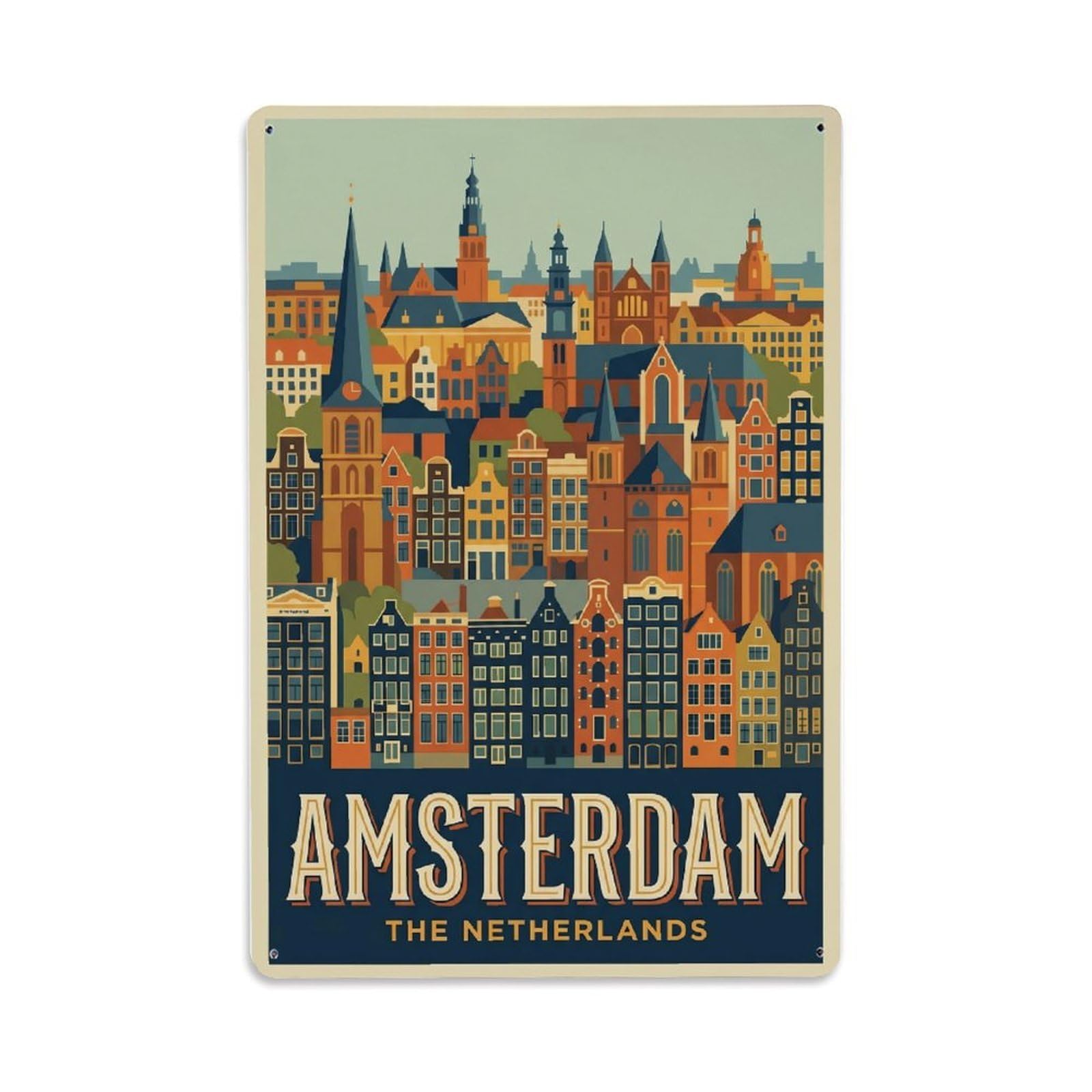 Vintage Travel Skyline Netherlands Panoramic Metal Tin Sign Plaque Wall Decor for Cafe, Club Bar, Office, Home Garden Metal Poster 8x12Inch