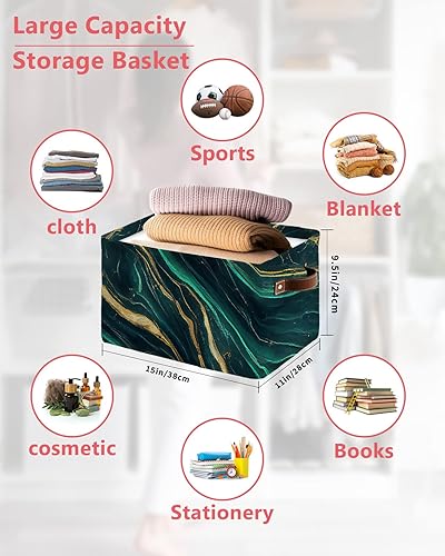Miniatura 2 de Turquoise Yellow Marble Storage Basket for Organizing Shelves, Collapsible Storage Bins Boxes with Handle, Modern Ink Painting Abstract Art Canvas
