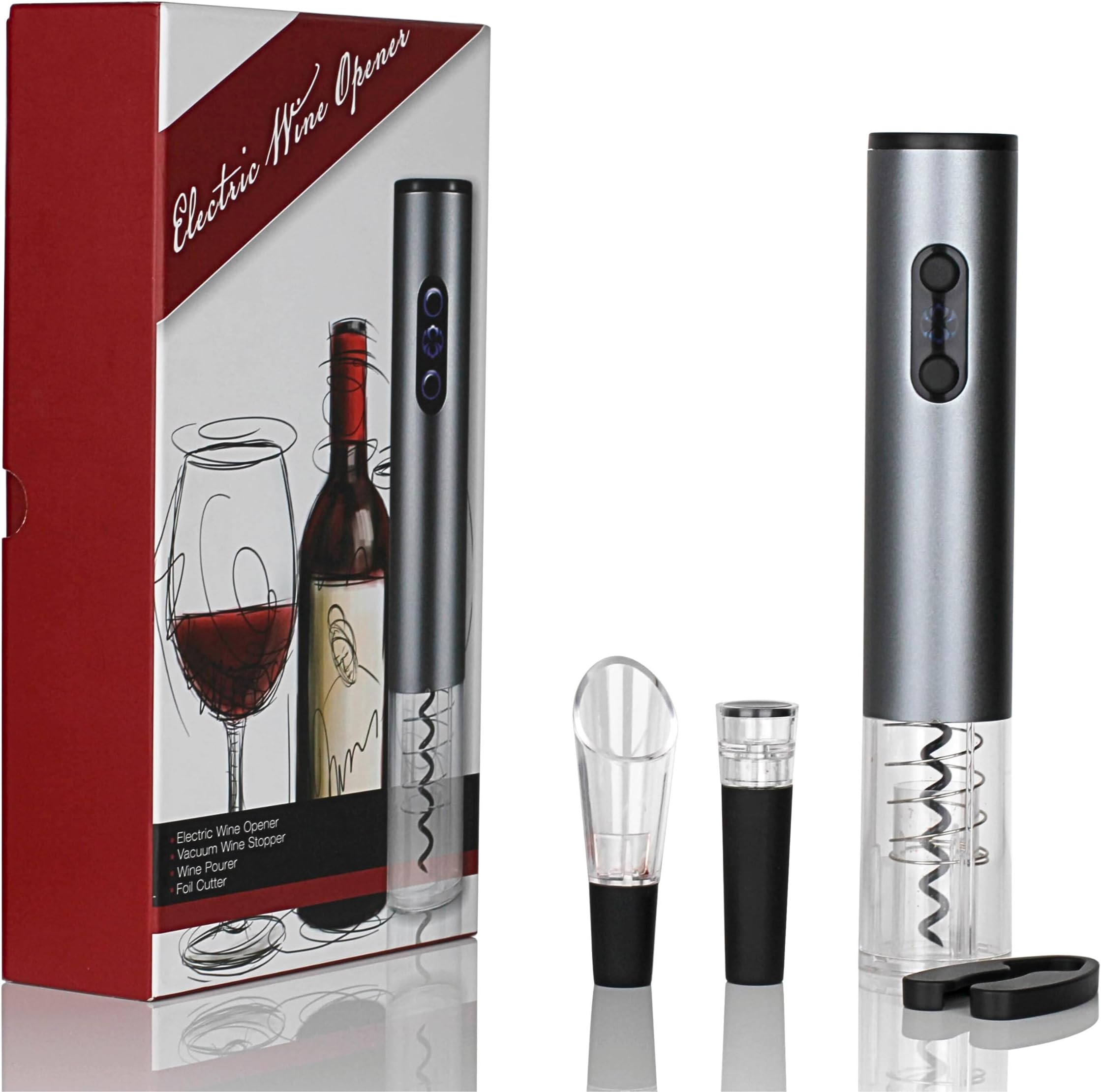 Jiffy Vinomatic Wine Accessory Gift Set with Vacuum Stopper, Aerator Wine Pourer & Foil Cutter | Automatic Metal Electric Wine Bottle Cork Opener | Premium Aluminium Corkscrew Set (Red)