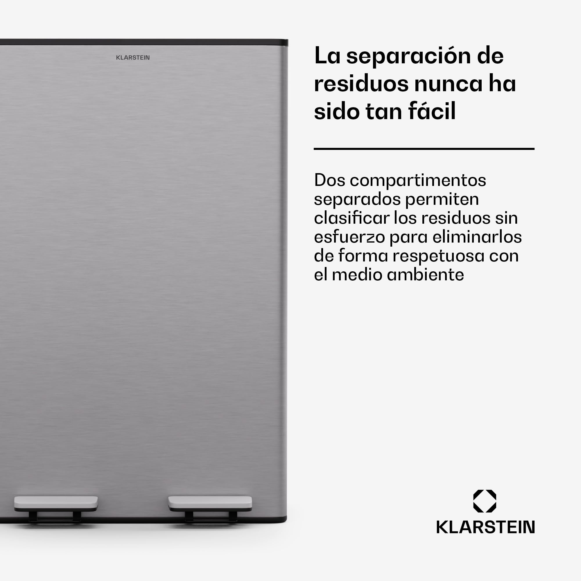 KLARSTEIN EcoVista Cubo de Basura Cocina - 60L con Compartimentos de 30L y 3L para compostaje, Cierre Suave, Acero Inoxidable, Papelera Cocina
