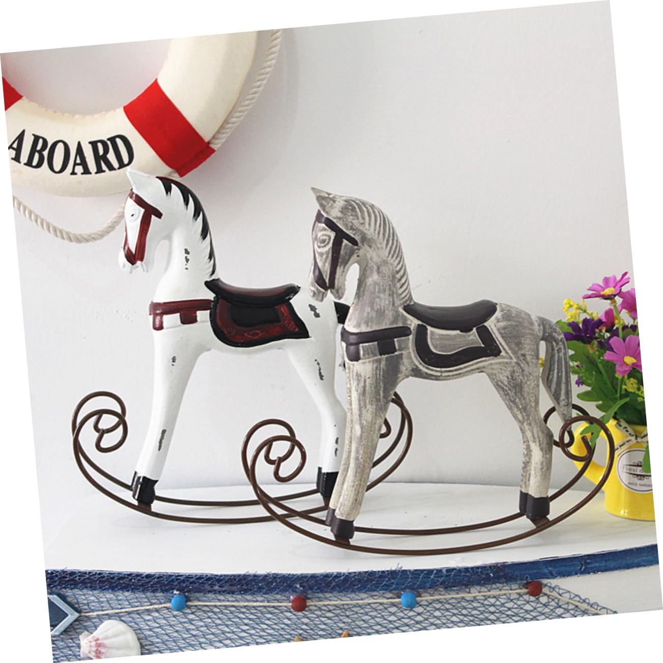 2pcs Horse Wall Decor Wooden Rocking Horse Ornament Handmade Craft Home Decoration Grey