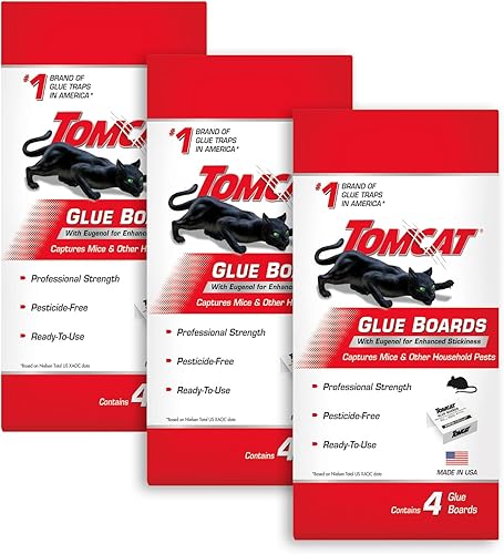 Tomcat Tablas de pegamento con pegamento de agarre inmediato para ratones, cucarachas e insectos, listas para usar, paquete de 3 (12 tableros de