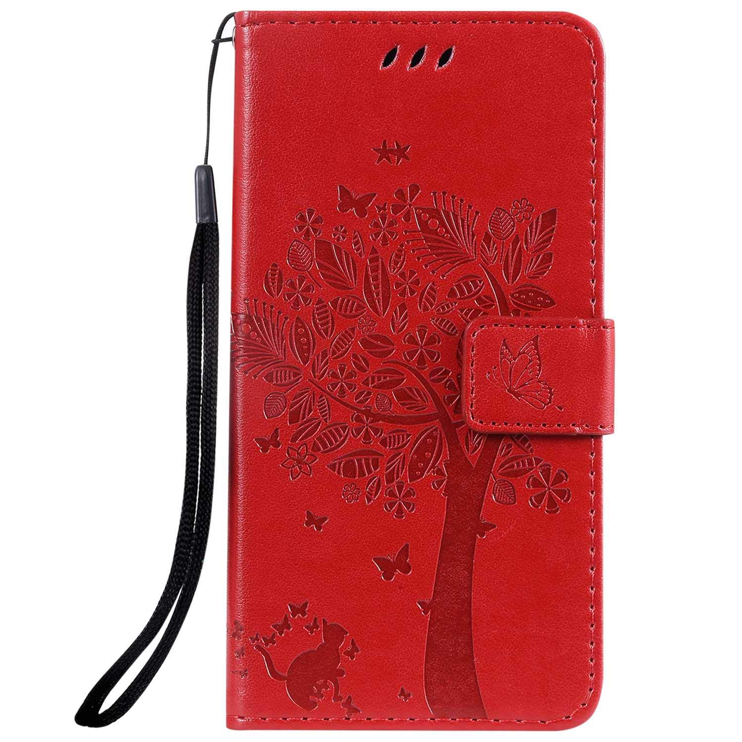 Conber Cover per Huawei Honor 8S / Huawei Y5 2019, Custodia in Pelle PU con TPU Antiurto, Serie Gatto e Albero Flip Case Cover Custodia Portafoglio per Huawei Honor 8S / Huawei Y5 2019 - Rosso - Vista 3