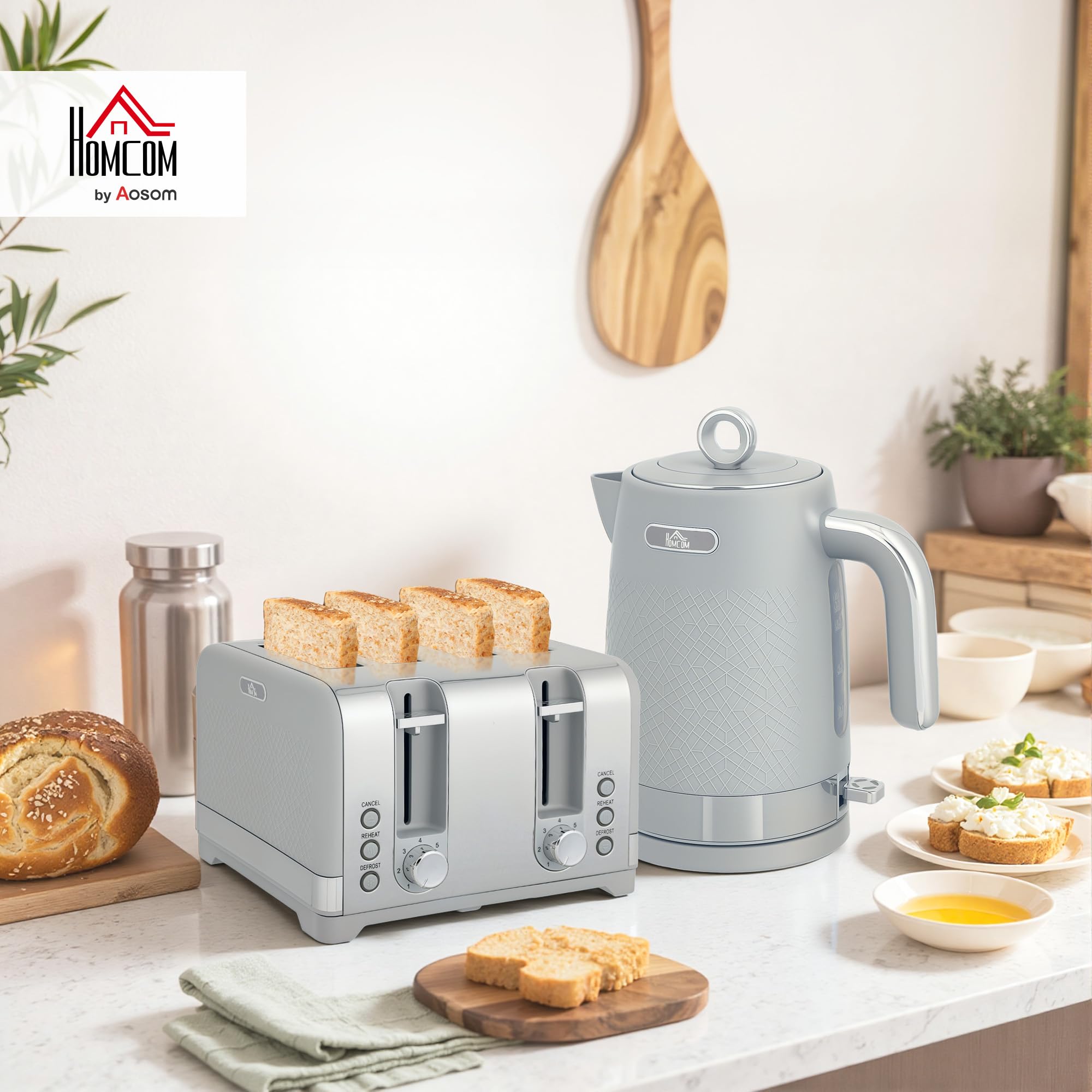 HOMCOM Bouilloire et grille-pain 1,7L 2200W Thermostat 4 tranches Gris
