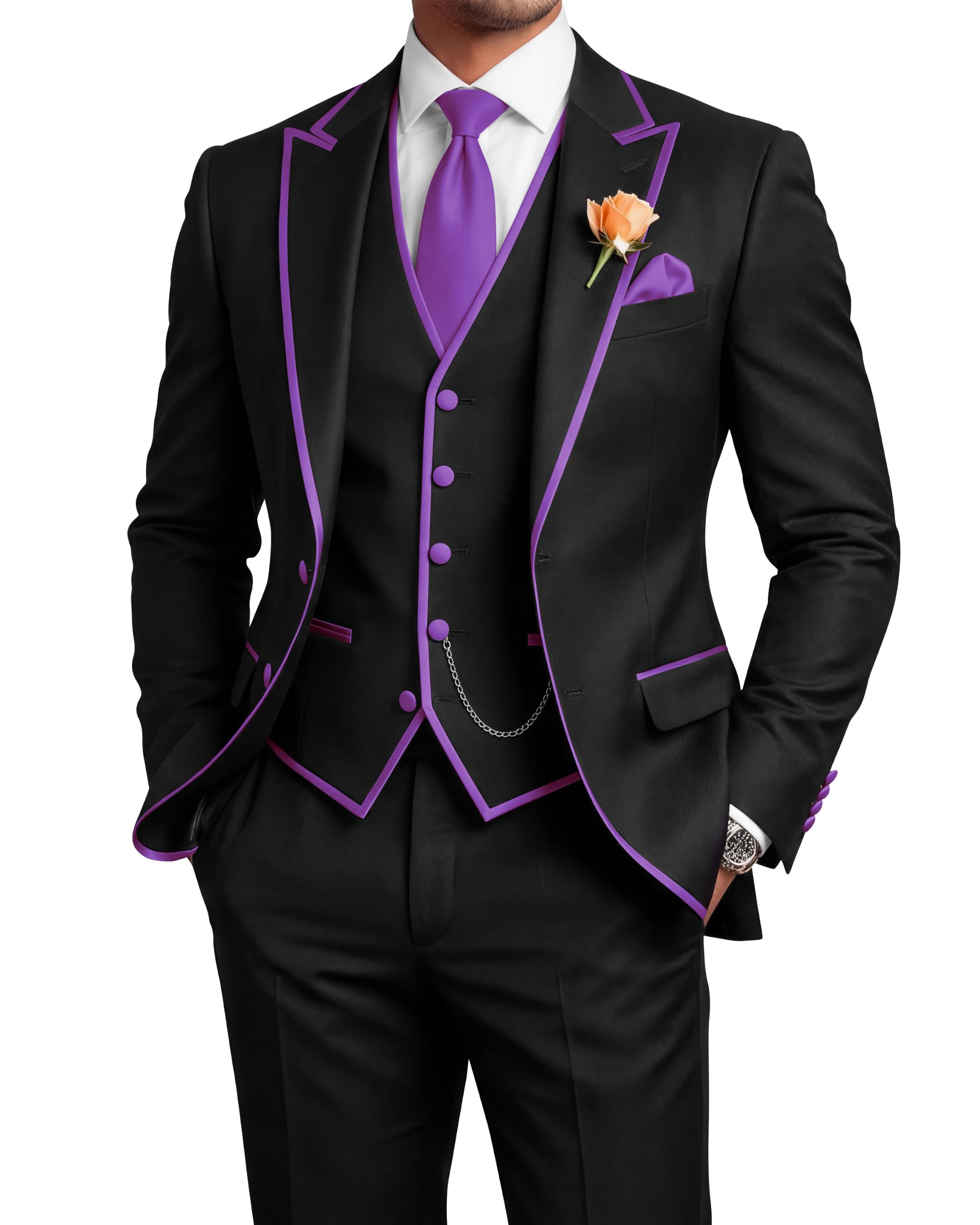 Men's 3 Piece Tuxedo for Men Slim Fit Black Wedding Suits for Groom Groomsman Prom Graduation Jacket Vest Pants