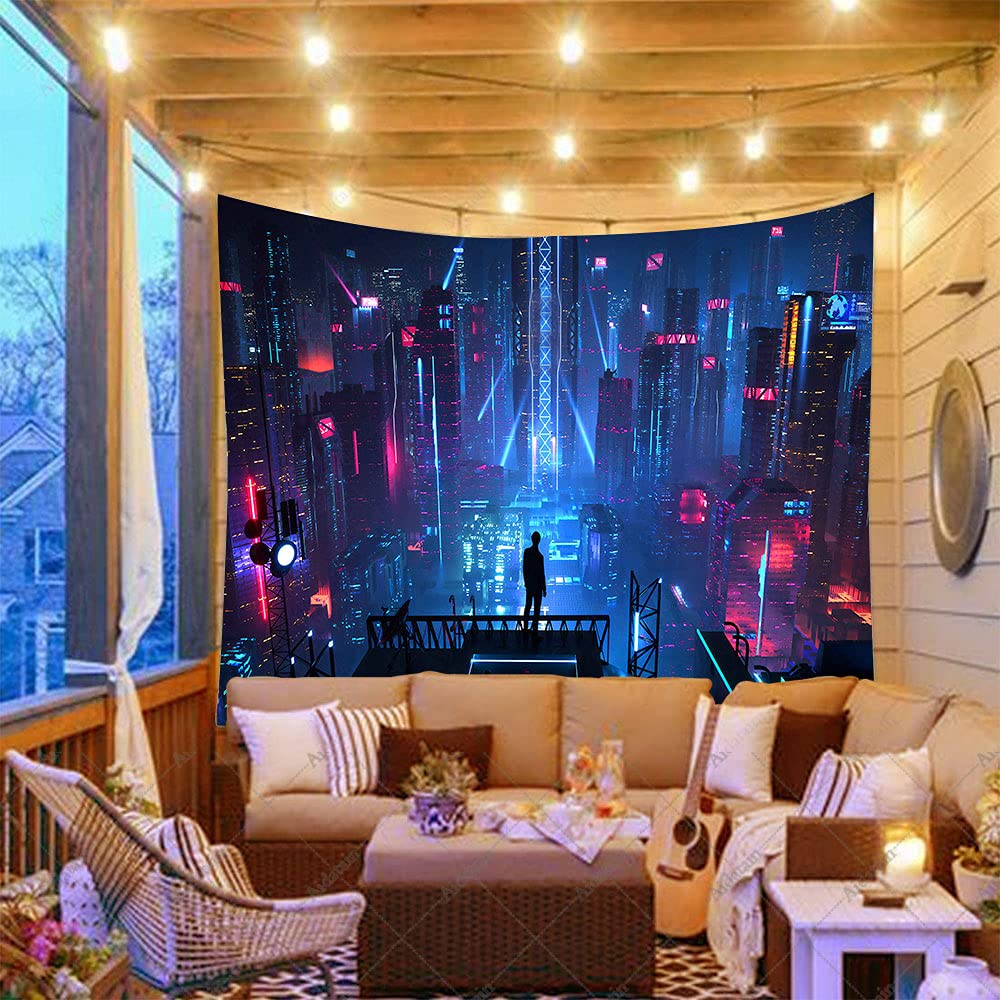 Aidatain Punk Cityscape Tapestry Skyscrapers Skyline 3D Urben Building Neon Lights Night Wall Hanging Tapestries Flannel Large Size 80