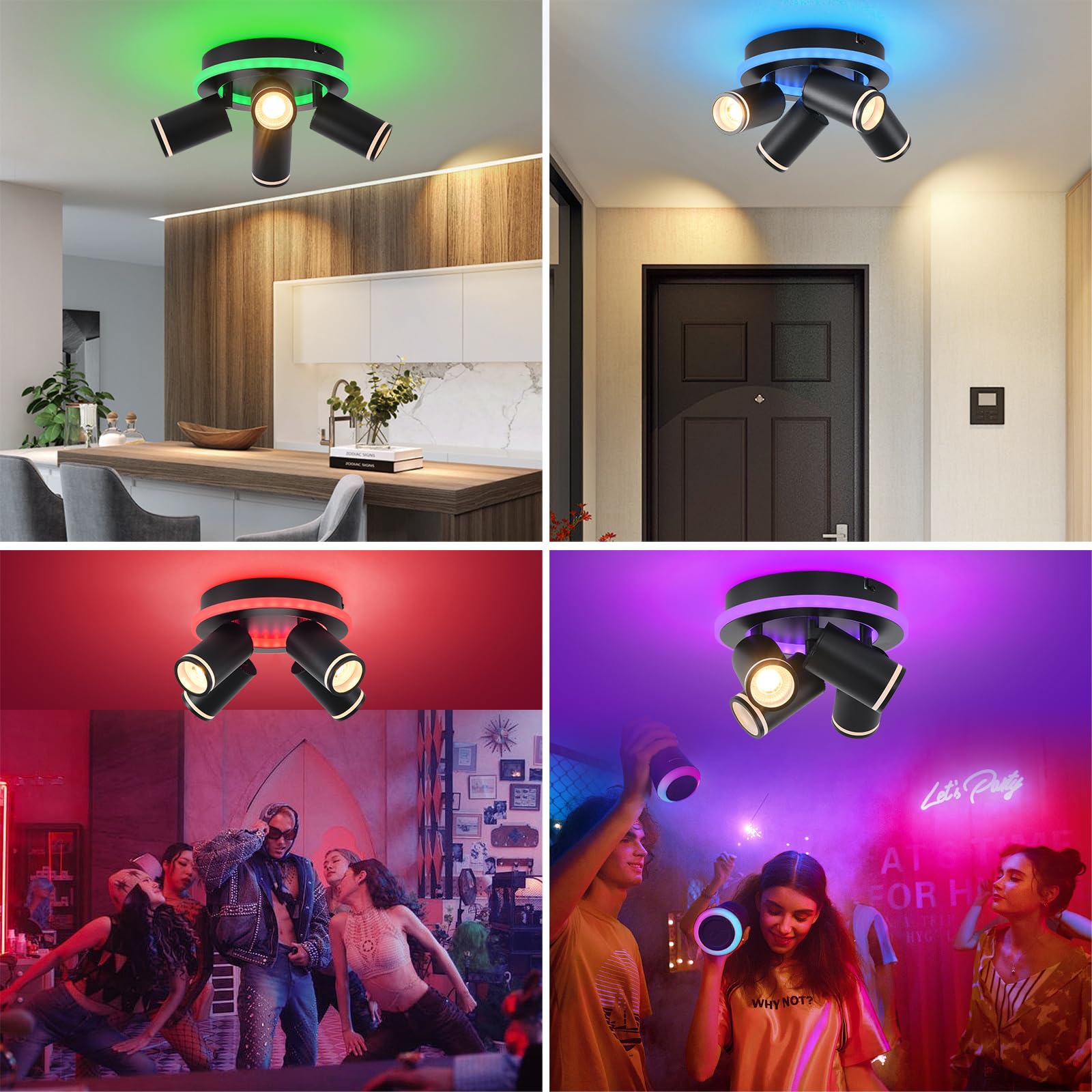 SANSHI Deckenlampe LED Dimmbar mit Fernbedienung,RGB Farbwechsel,Schwarz | Schwenkbar 350° Deckenleuchte,4 Flammig Rund Deckenstrahler,unteres Glühen 14W+4x5W GU10 spots,Modern Lampe Decke für Küche