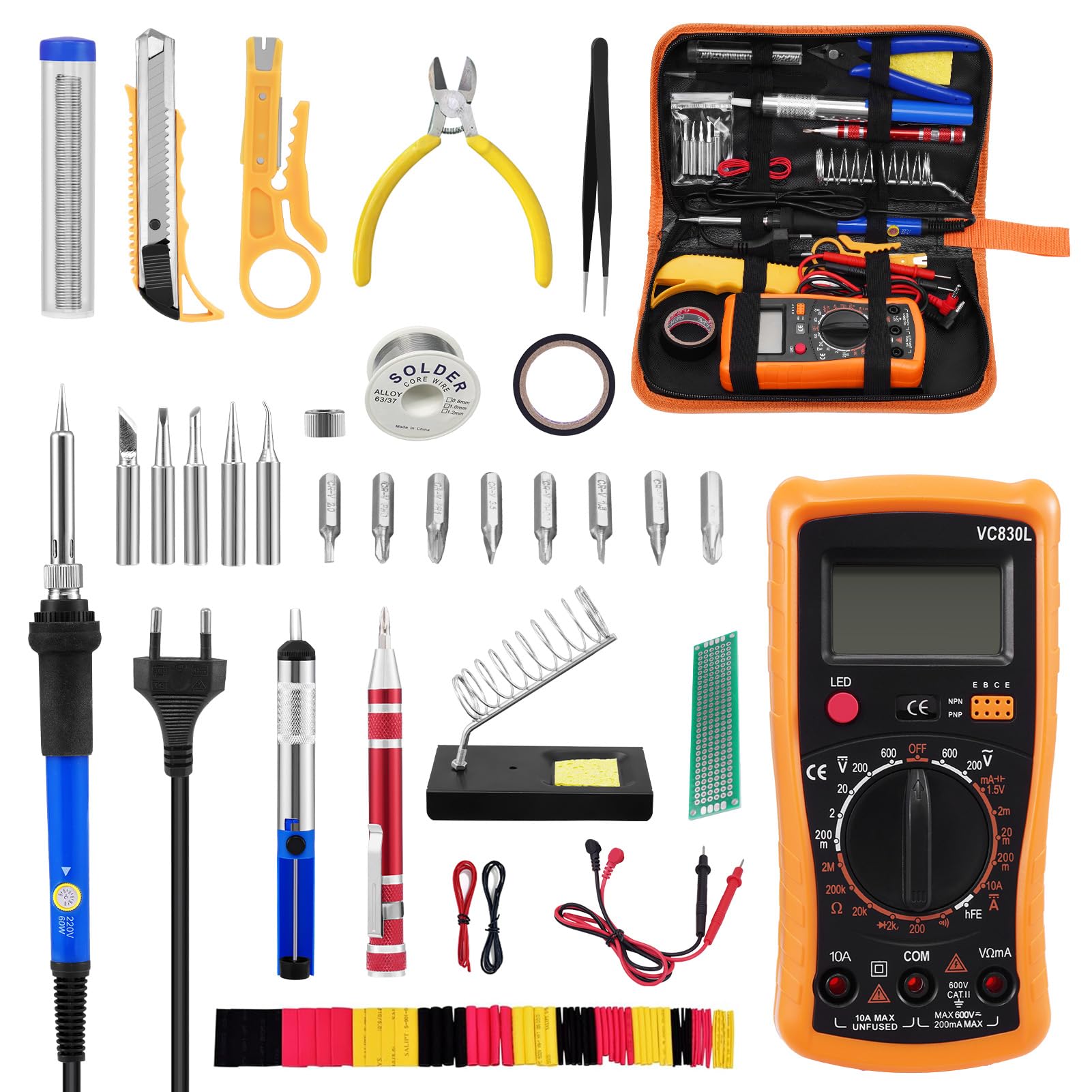 Kit De Soldador 60W Con 30 Accesorios, Temperatura Ajustable De 200 A 450°C, Multímetro Y Estaño Incluido