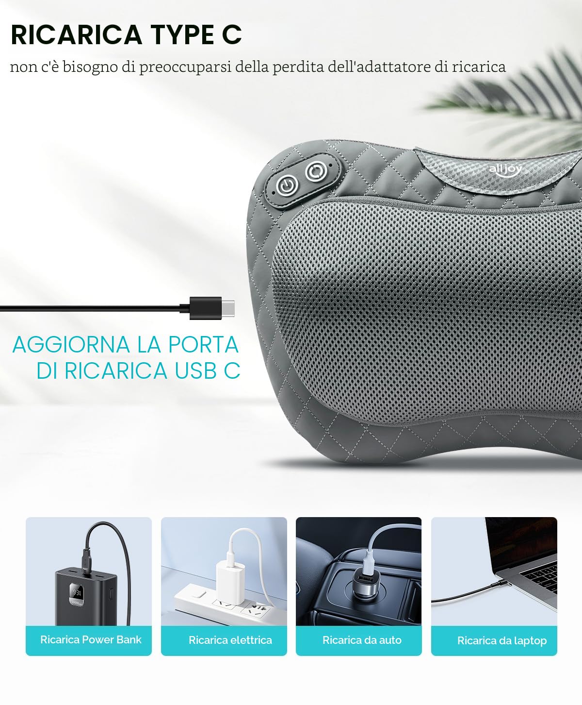 ALLJOY Cuscino Massaggiante Ricaricabile, Massaggiatore Schiena Cervicale e Collo Riscaldante, 4 Massaggio Nodi e 3 Velocità, Regalo per Donne Uomini, Massaggiatore per Auto da Ufficio a Casa