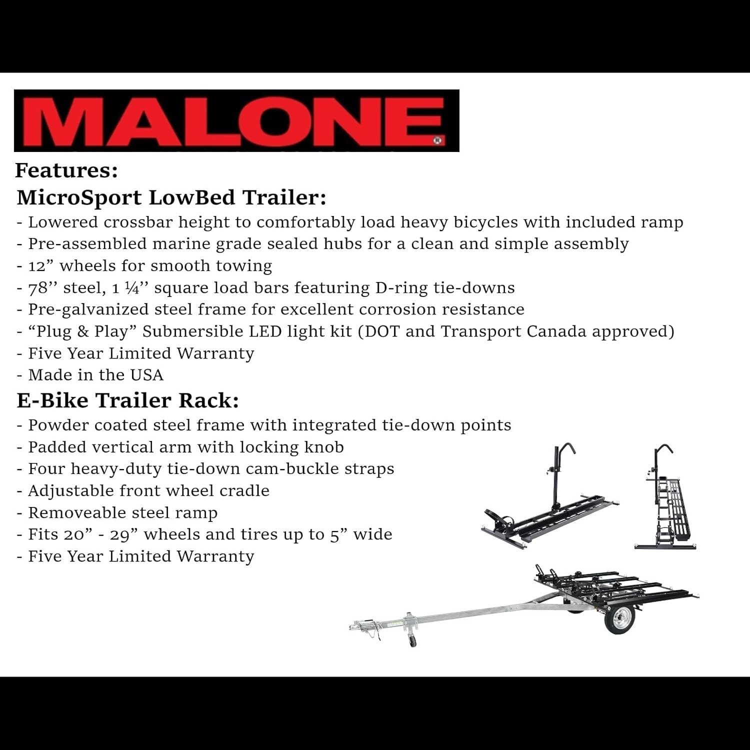 Malone MPG464-B4 MicroSport LowBed 4 Bike Trailer with 4 E-Bike Carriers & Spare Tire | 800 lbs Load Capacity | 20"-29" Wheels with up to 5" Wide Tires | 22" Crossbar to Ground Clearance