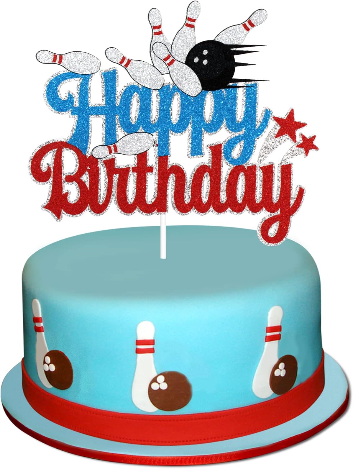 Caiwowo Bowling Happy Birthday Cake Topper - Basketball Party Glitter Cake Topper - Game Day Party Boy's Party Decoration