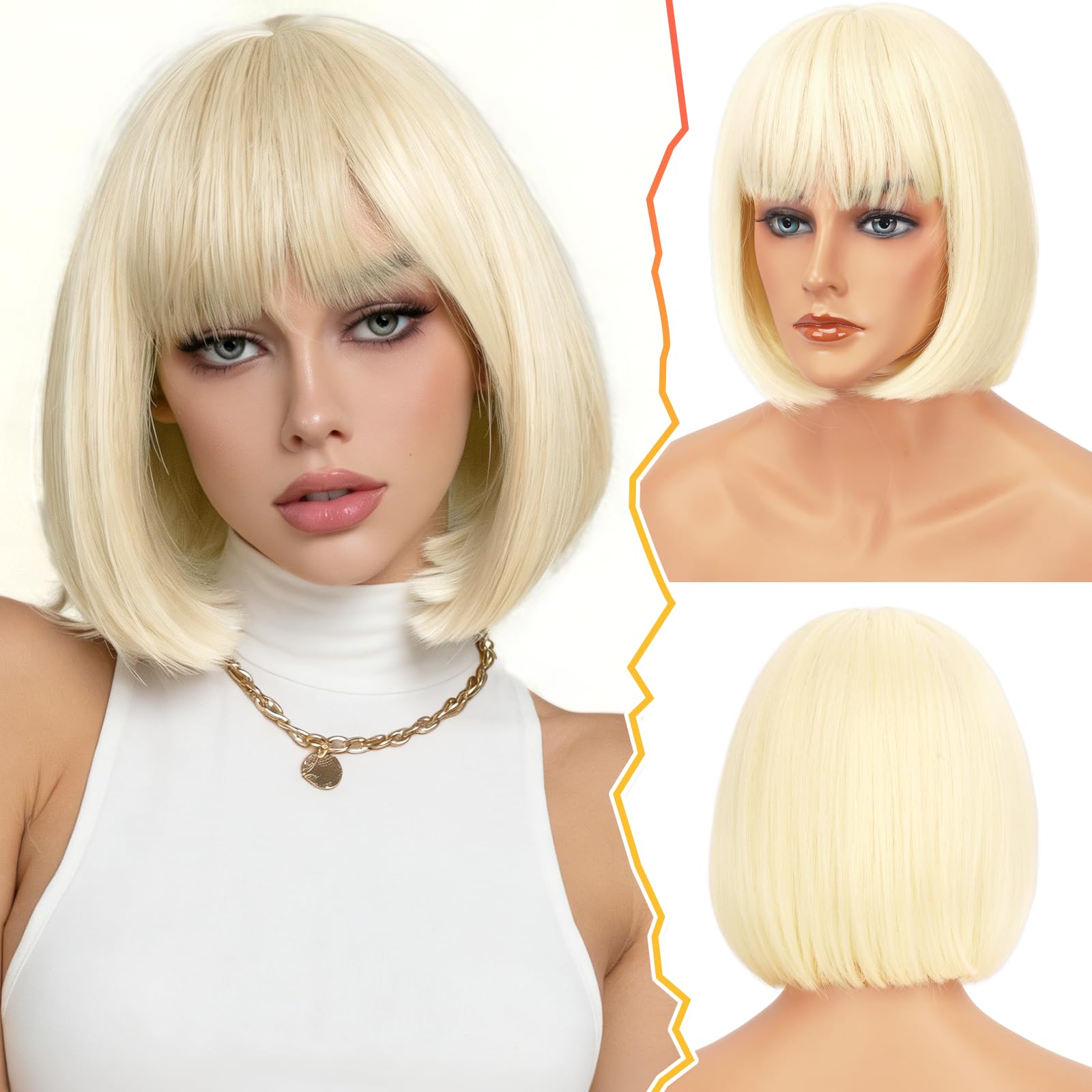 BARSDAR Kurze Blond Bob Perücke, Kurze Platinblond Bob Perücke mit Pony für Damen 30cm Kinnlang Natürlich Aussehend Weich Synthetische Haar Replacement Perücken Halloween Party Bobs Perücken
