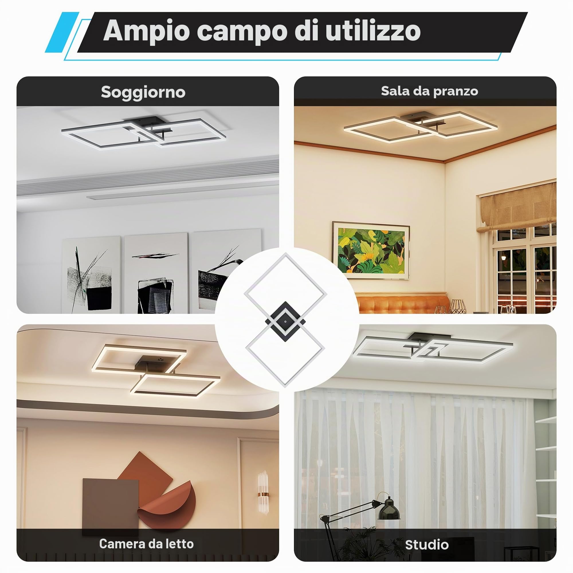 Froadp Moderna lampada da soffitto a LED, dimmerabile, 60 W, colore nero, 40 cm, lampada da soffitto quadrata con telecomando, lampada da soggiorno 2800 – 6500 K, IP44, a risparmio energetico, per