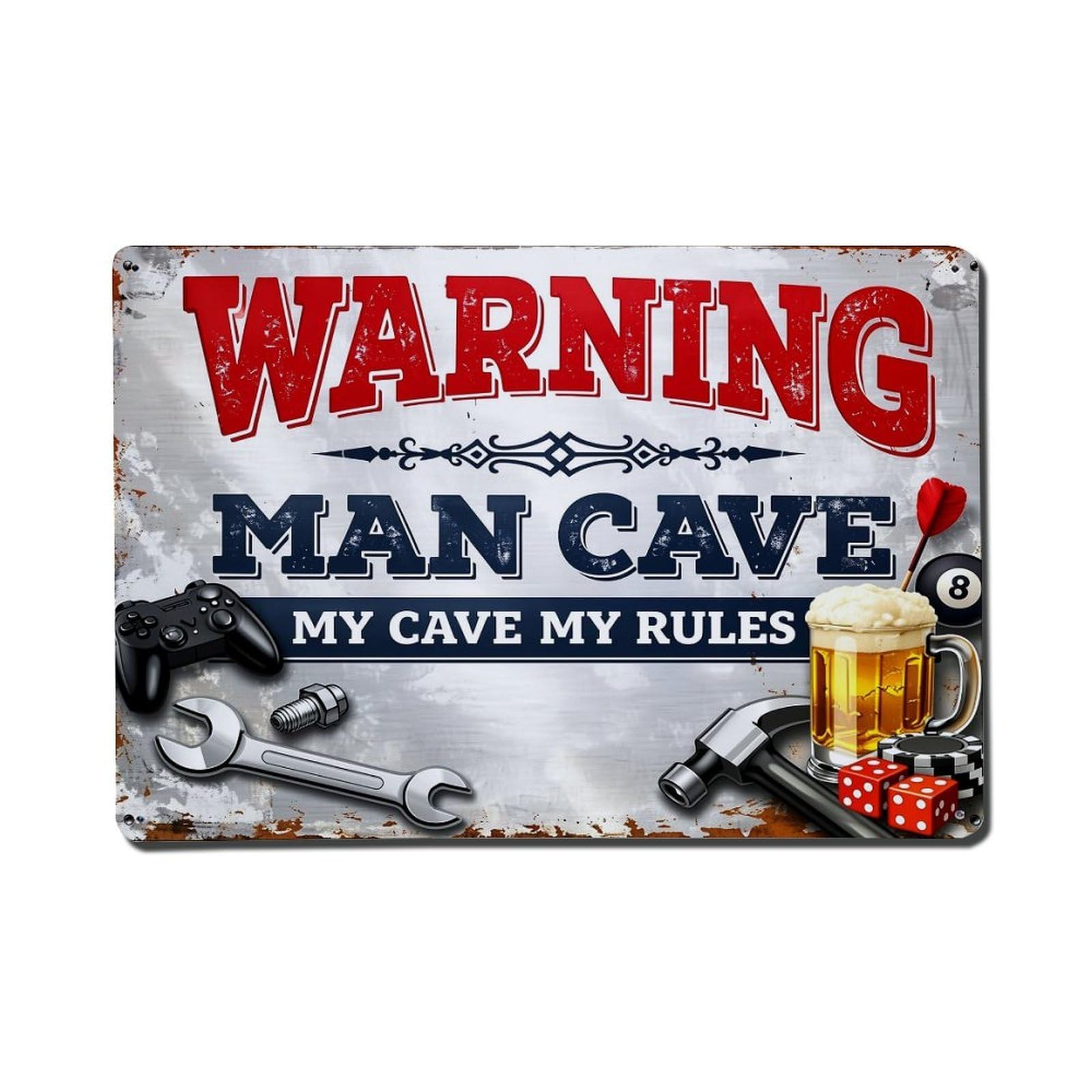 Warning Man Cave My Rules Tools Beer Tin Sign Metal Poster Vintage Metal Signs for Home Man Cave Bar Cafe Kitchen laundry room Wall Decorations Gift 8x12Inch