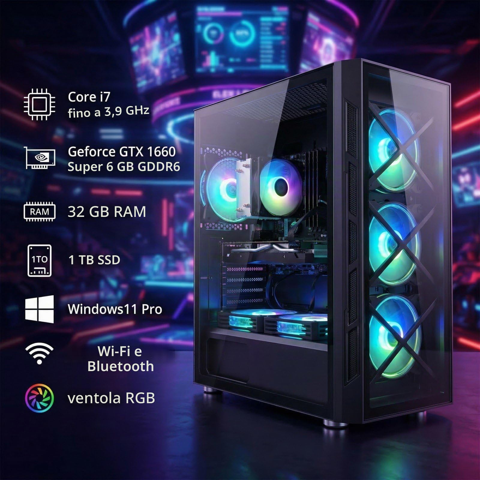 STGSivir PC Gaming Fisso, Core i7, GTX 1660 Super 6G, 32G RAM, 1T SSD | Computer Gaming per Streaming, Editing Video, Compiti, fino a 3.9 GHz, WiFi 6, BT 5.0, 4K,HDMI,DP, Win11 Pro, Case ARGB
