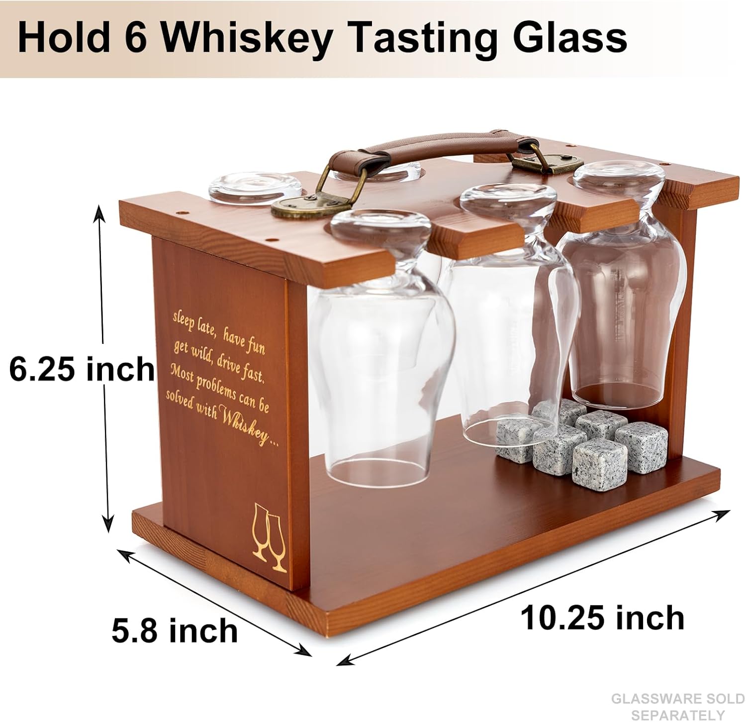 DOUDIZHU Wooden Whiskey Tasting Glass Organizer, Holds 6 Glencairn Glasses, Home Bar Storage Carrier with Chilling Stones (Glasses Not Included)