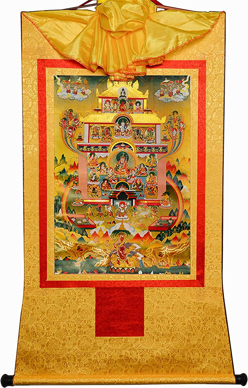 VHKJewE Guru Rinpoche in Pure Land,Elysium of Padmasambhava, Buddhist Thangka Brocade(Unique Colour,Medium(62cm*47cm))