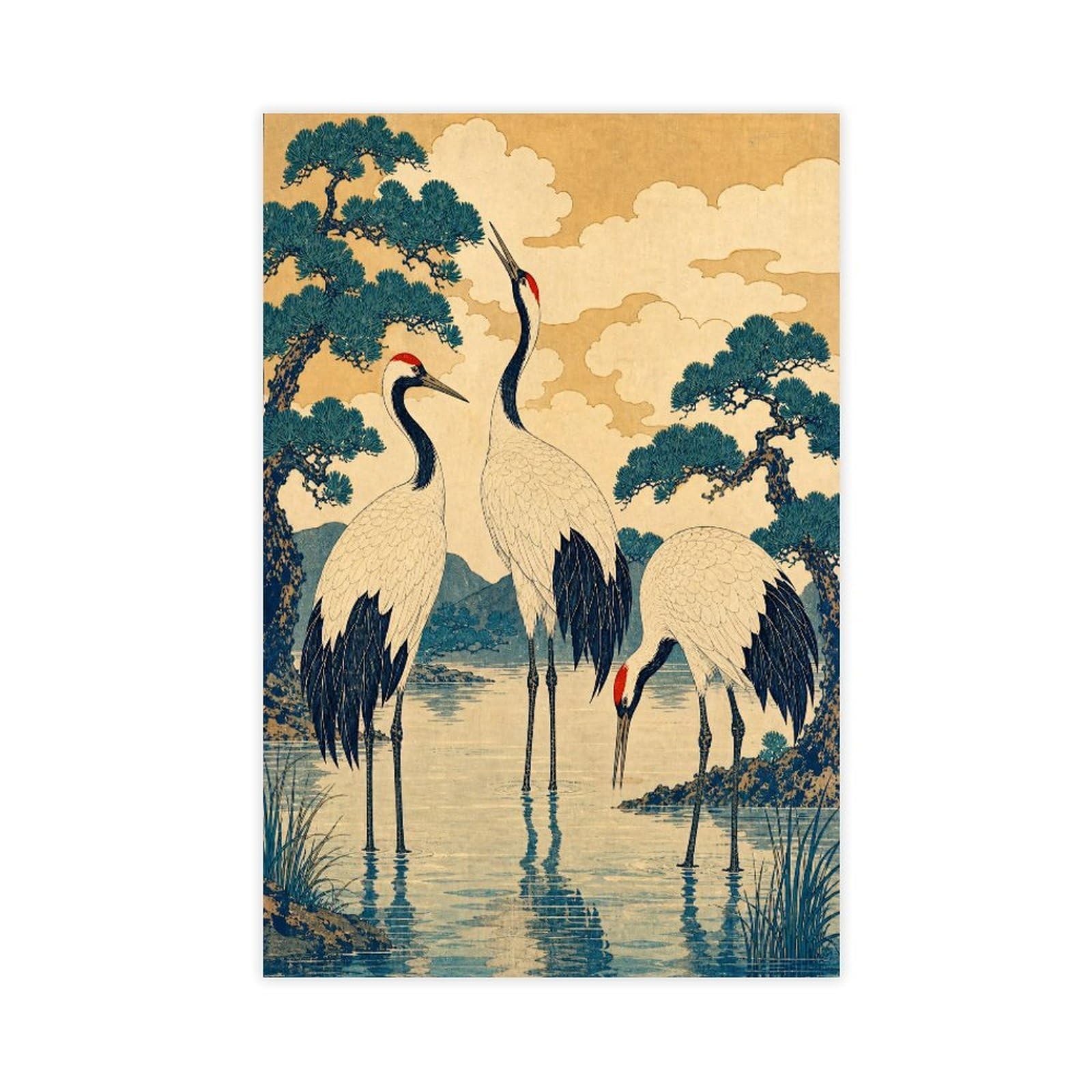 W7c8u2x3 Unframe-Style-17 Cranes In Water Canvas Wall Art, Japanese Woodblock Bedside