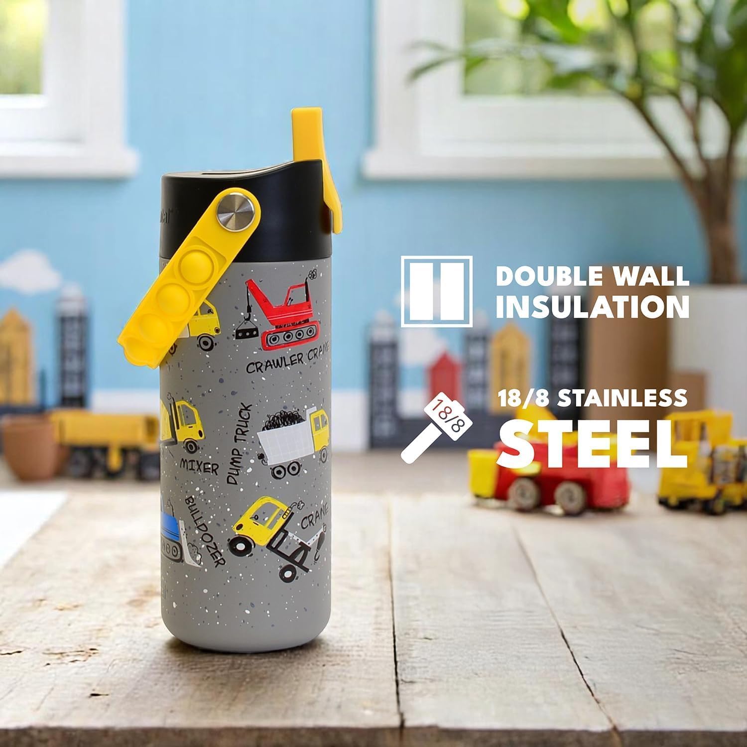 Elemental Insulated Kids Water Bottle, Stainless Steel Water Bottle with Straw Lid & Pop-It Handle, Leak-Proof Water Bottles for School, Boys or Girls, Travelling and Sports, 18oz - Construction - Image 7