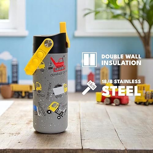 Miniatura 7 de Elemental Botella de agua aislada para niños, botella de agua de acero inoxidable con tapa de popote y asa Pop-it, botellas de agua a prueba de